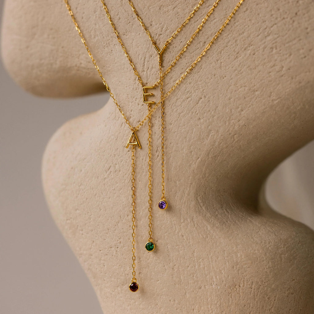 Initial Birthstone Lariat Necklace Silver 18K Gold Plated