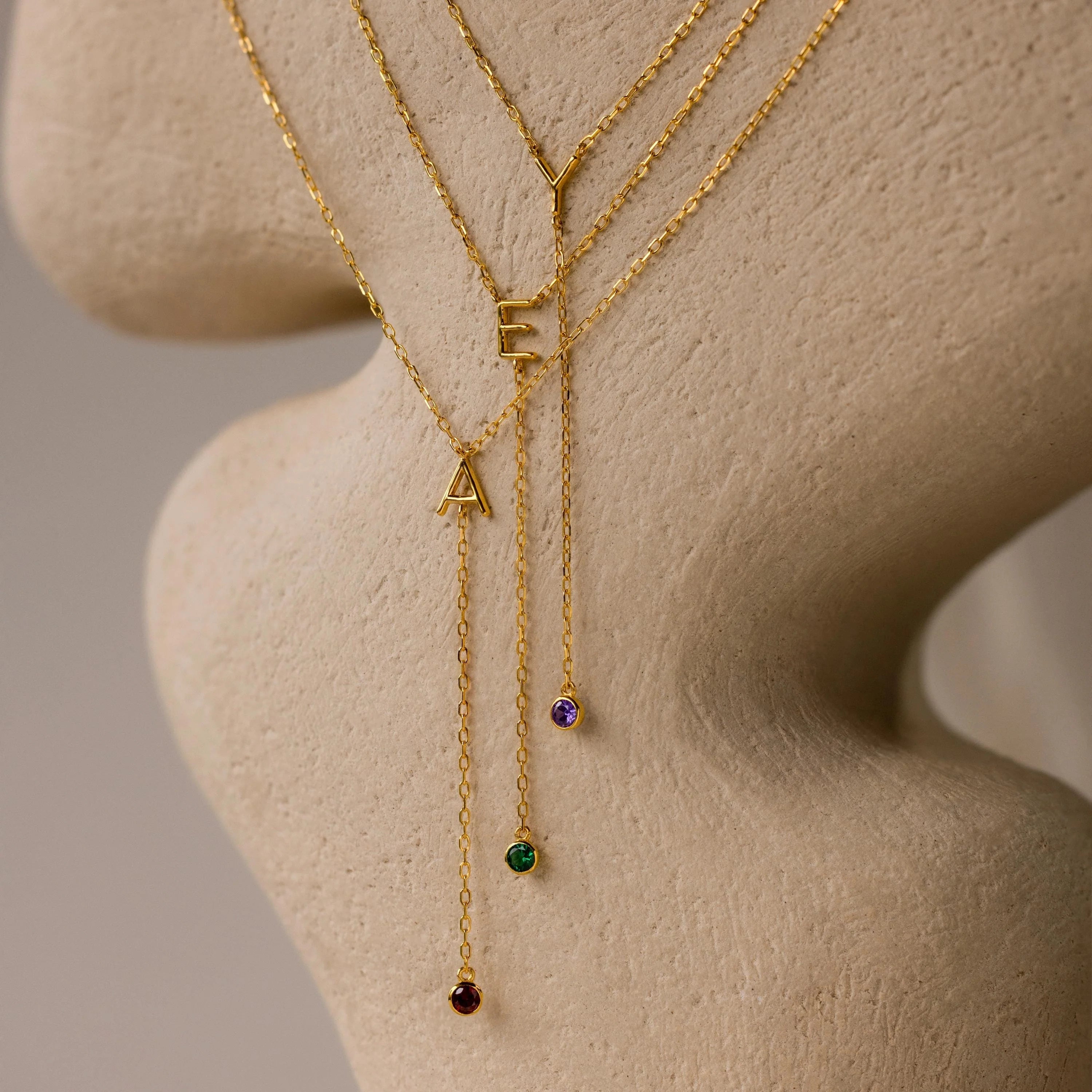 Initial Birthstone Lariat Necklace Silver 18K Gold Plated