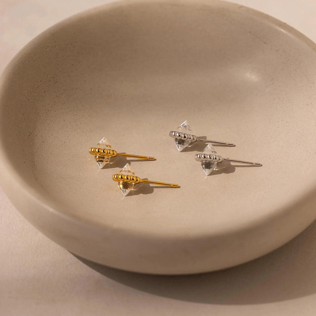 Beaded Herkimer Studs Silver 18K Gold Plated