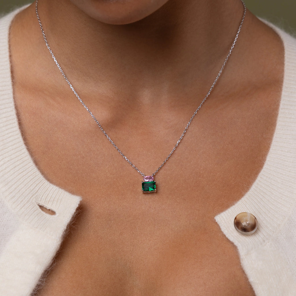 Pink Tourmaline Emerald Bloom Necklace Silver 18K Gold Plated