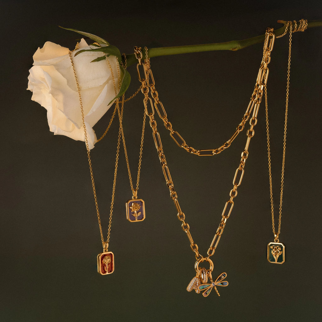 Birth Flower Charm Necklace Silver 18K Gold Plated