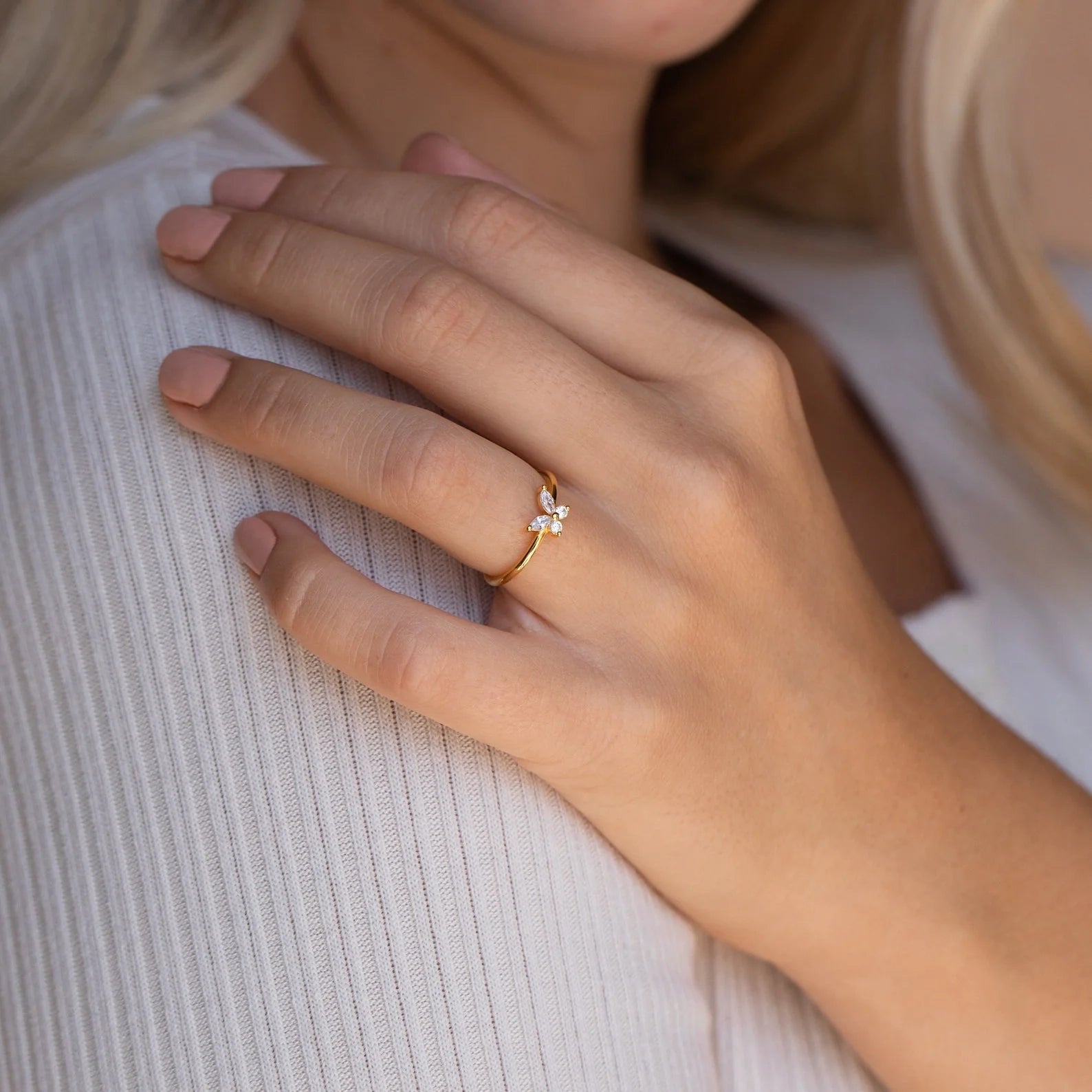 Diamond Butterfly Ring Silver 18K Gold Plated