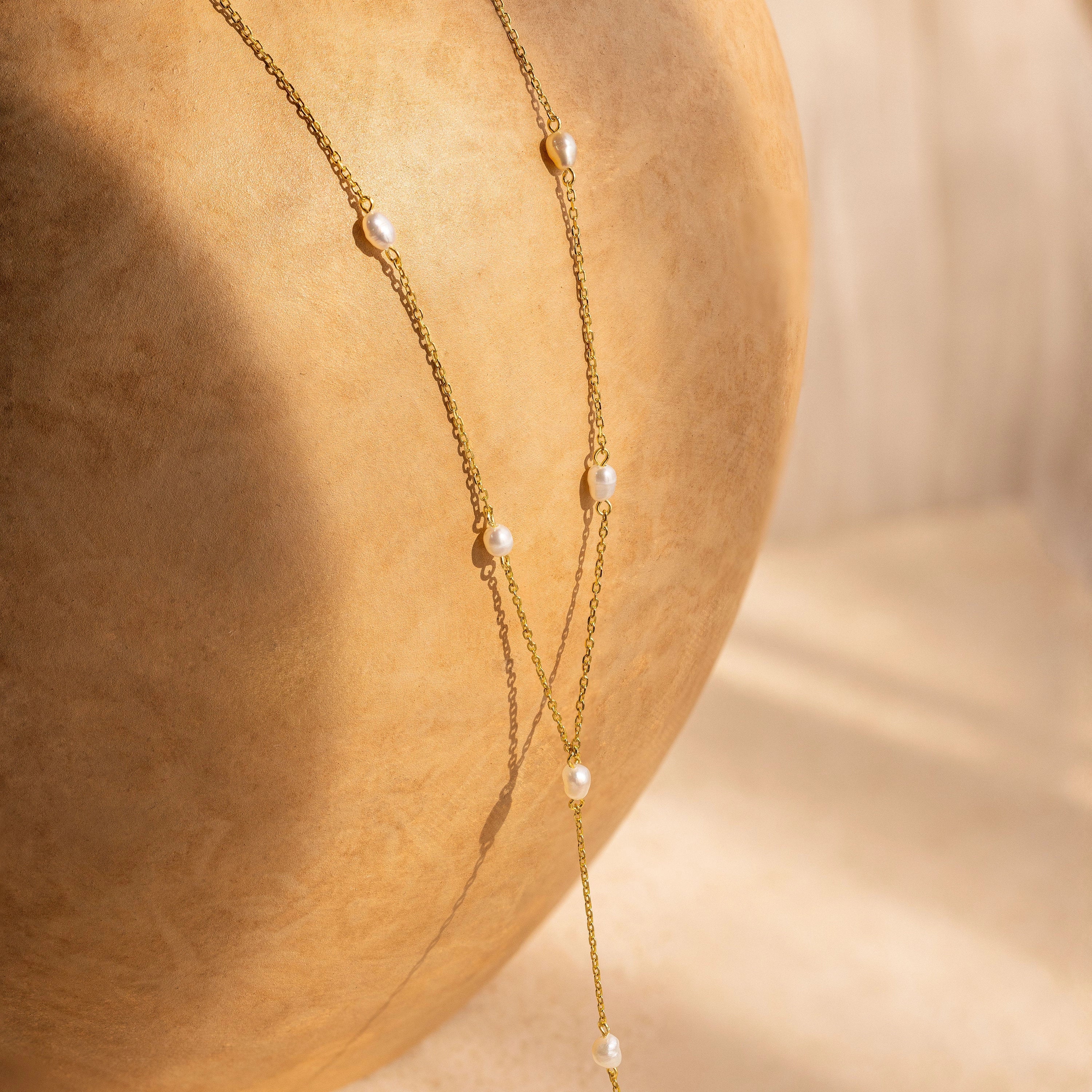 Pearl Station Lariat Necklace Silver 18K Gold Plated