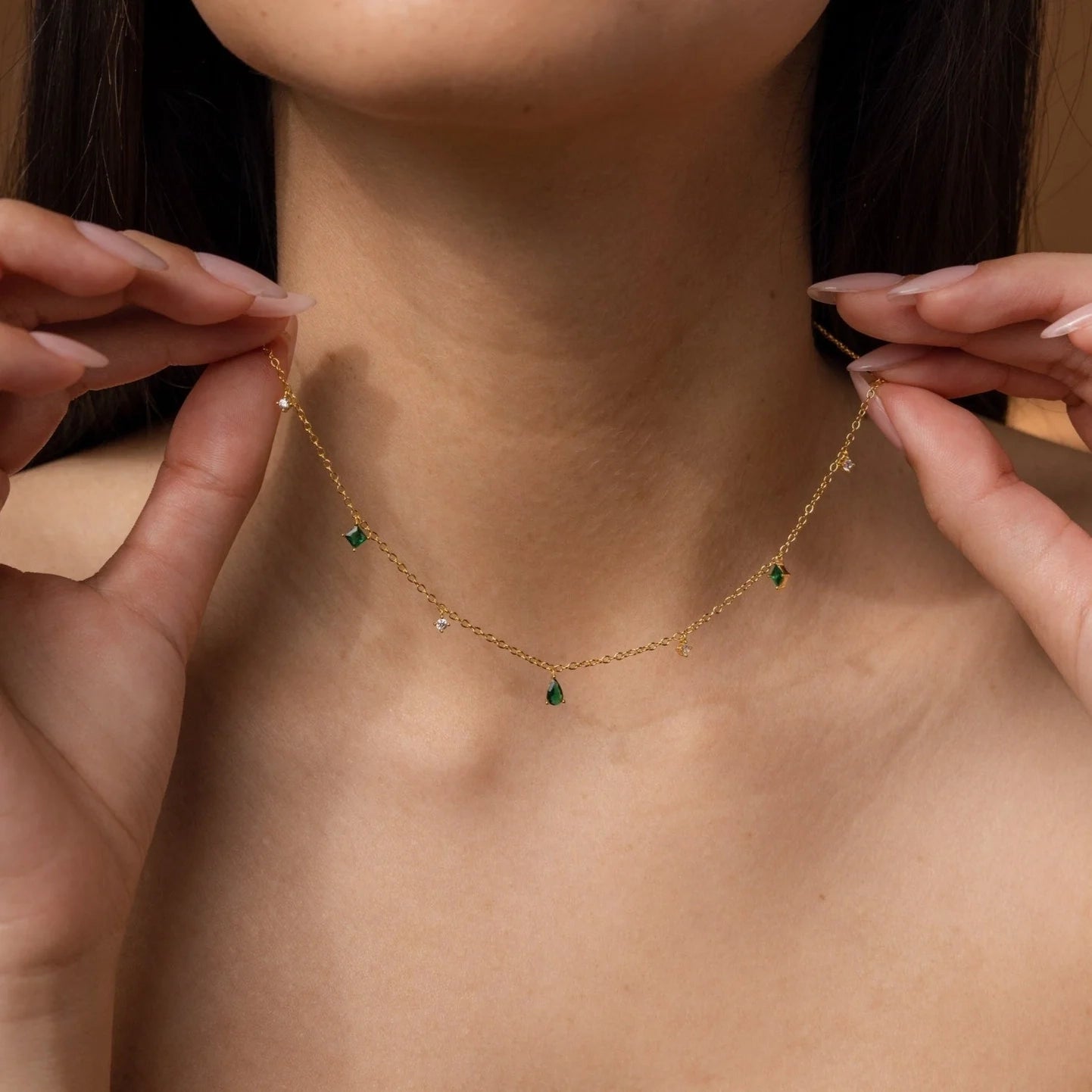Larissa Emerald Station Necklace Silver 18K Gold Plated