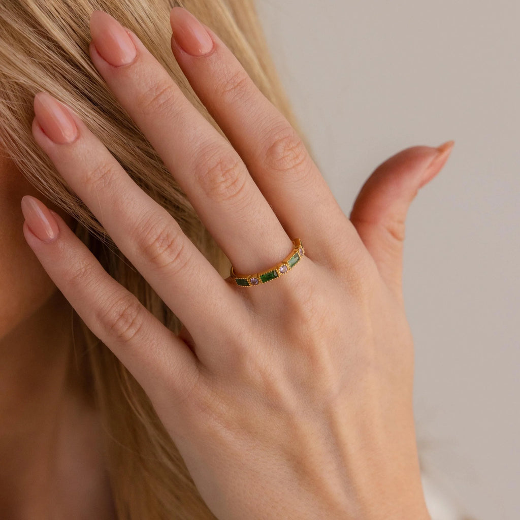 Mixed Art Deco Birthstone Ring Silver 18K Gold Plated