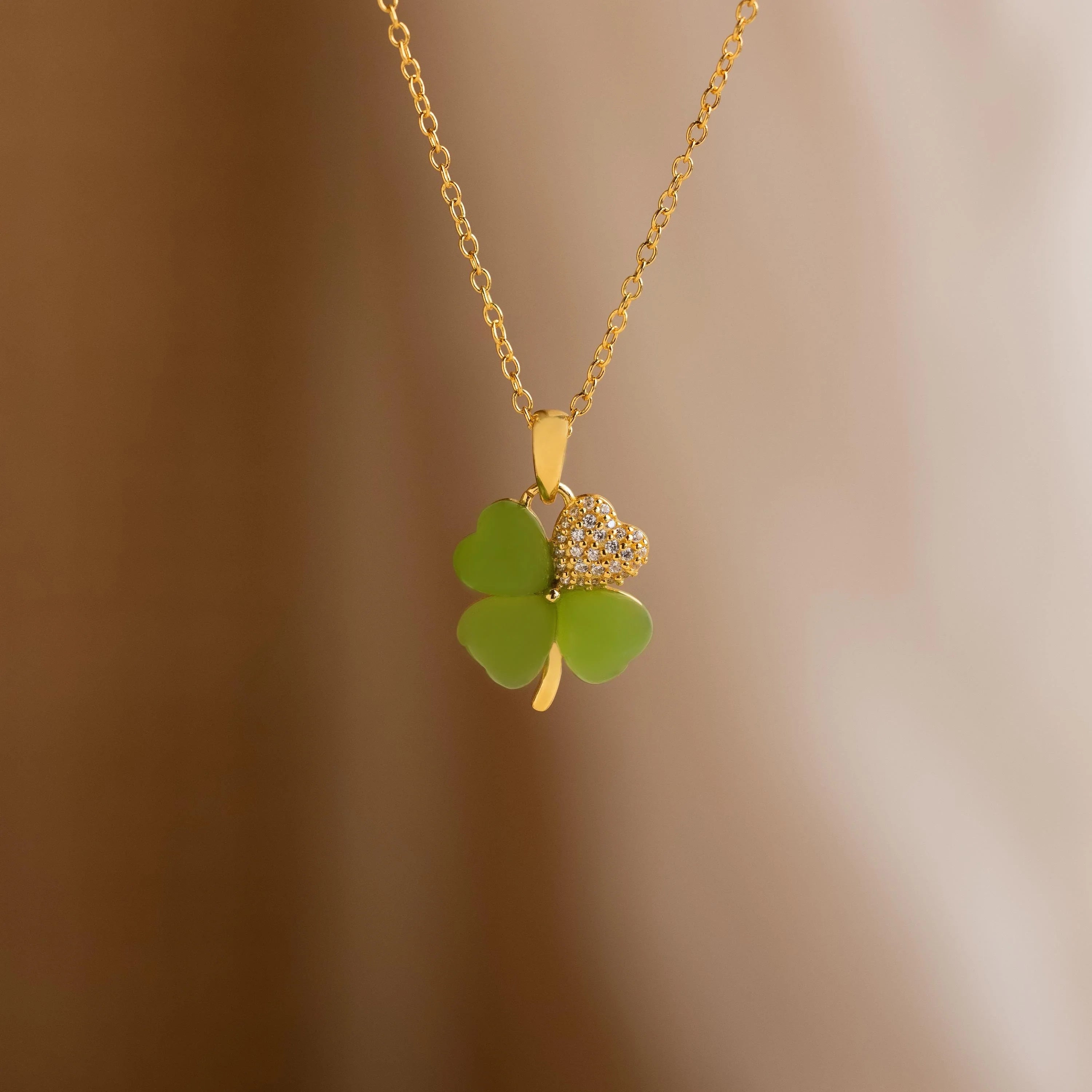 Pave Jade Clover Necklace Silver 18K Gold Plated