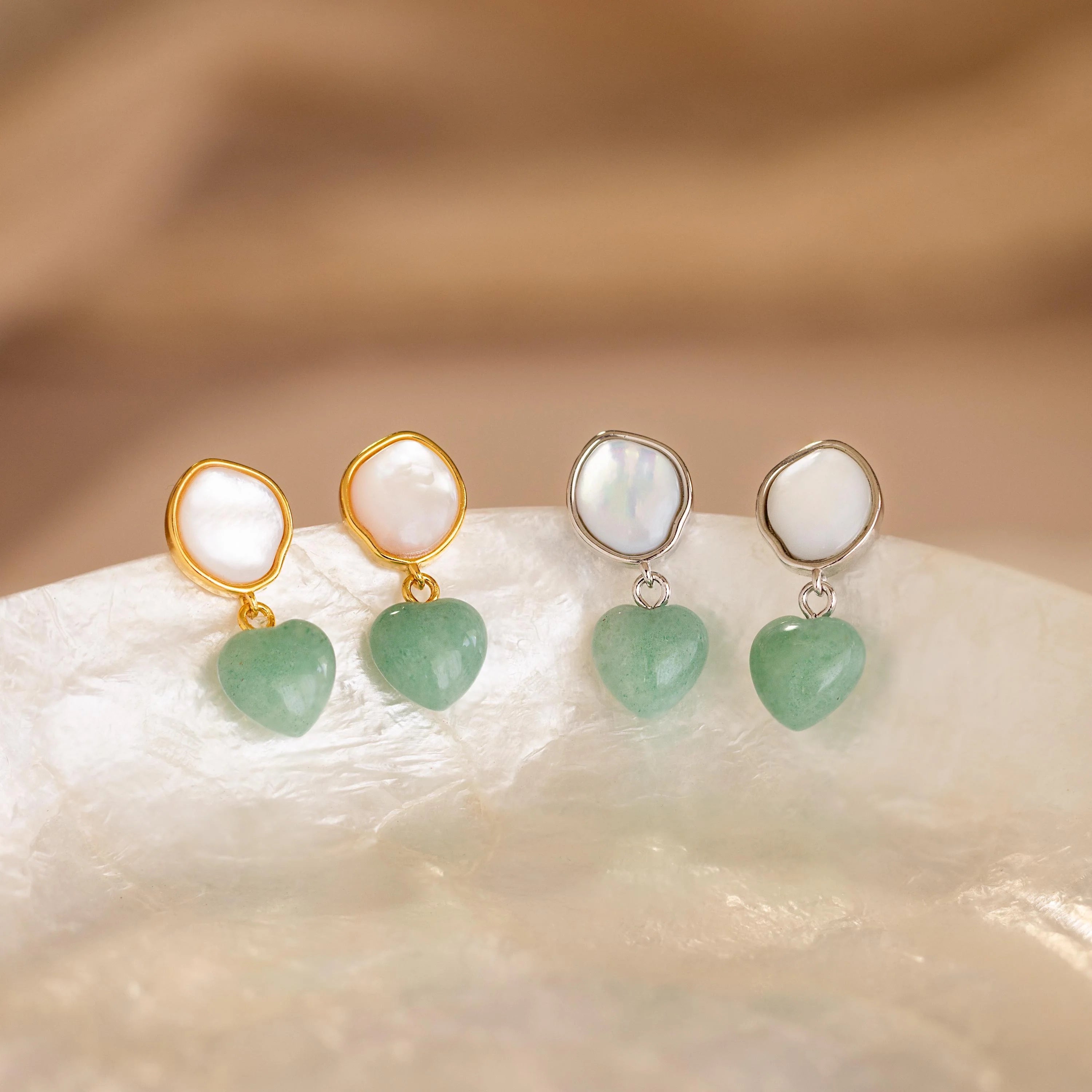 Jade Heart Drop Earrings Silver 18K Gold Plated