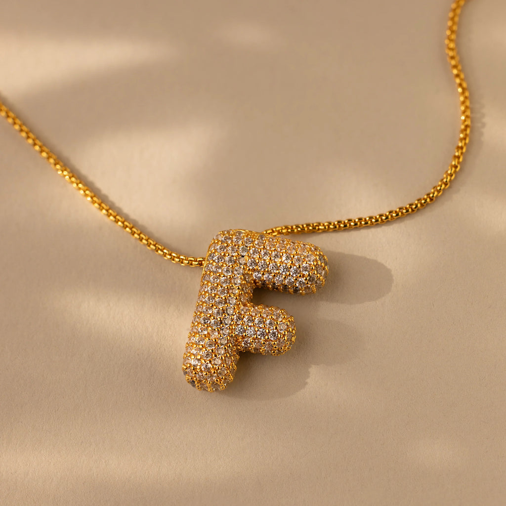 Pave Puff Letter Necklace Silver 18K Gold Plated