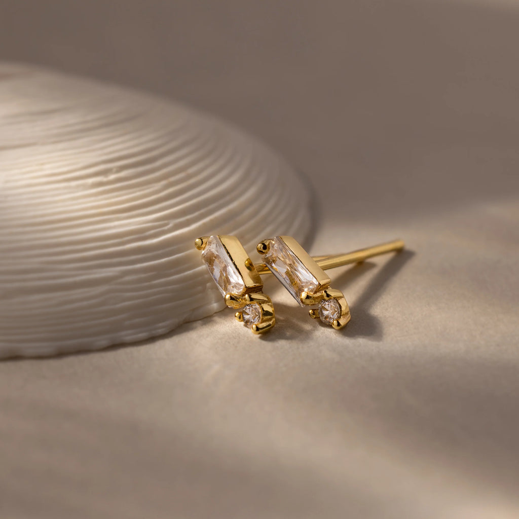 Diamond Baguette Drop Studs Silver 18K Gold Plated