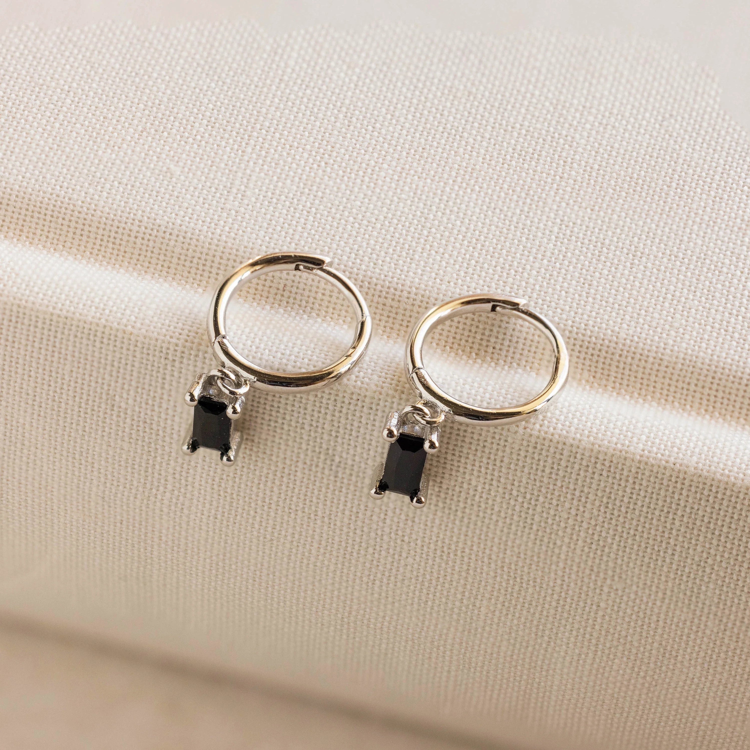 Onyx Baguette Drop Huggies Silver 18K Gold Plated