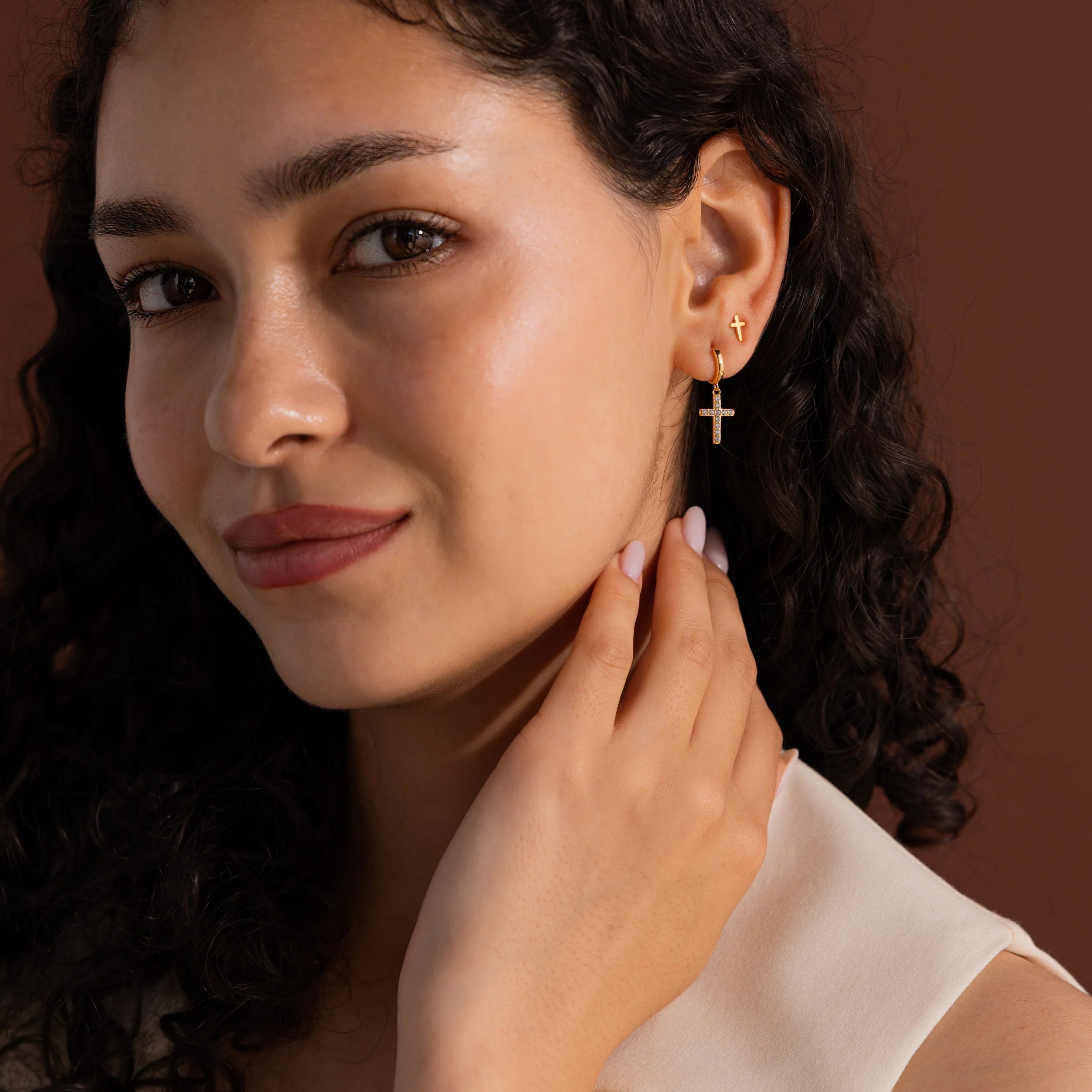 Diamond Pave Cross Hoops Silver 18K Gold Plated