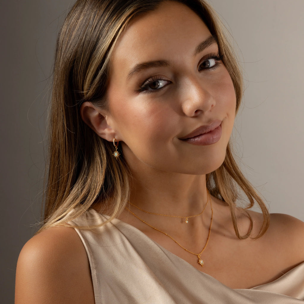 Opal Star Charm Necklace & Earrings Set Silver 18K Gold Plated