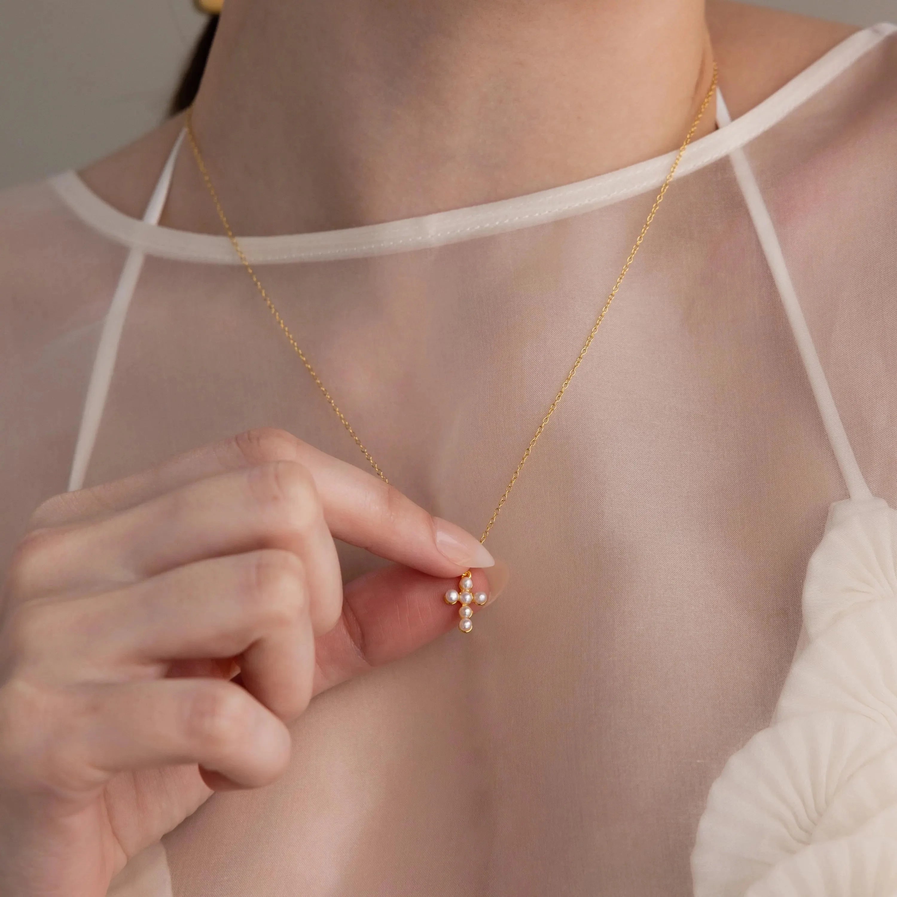 Pearl Cross Necklace Silver 18K Gold Plated
