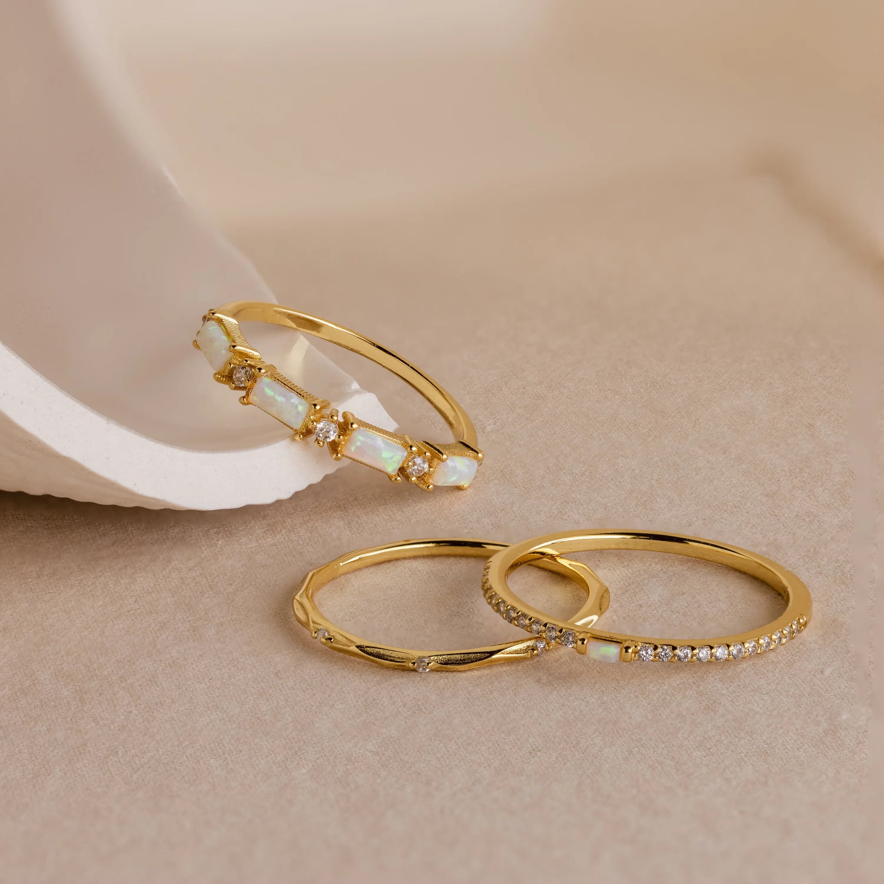 Diamond Opal Ring Set Silver 18K Gold Plated