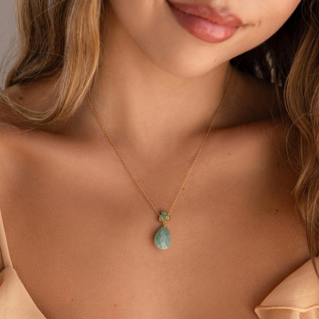 Jade Flower Teardrop Necklace Silver 18K Gold Plated