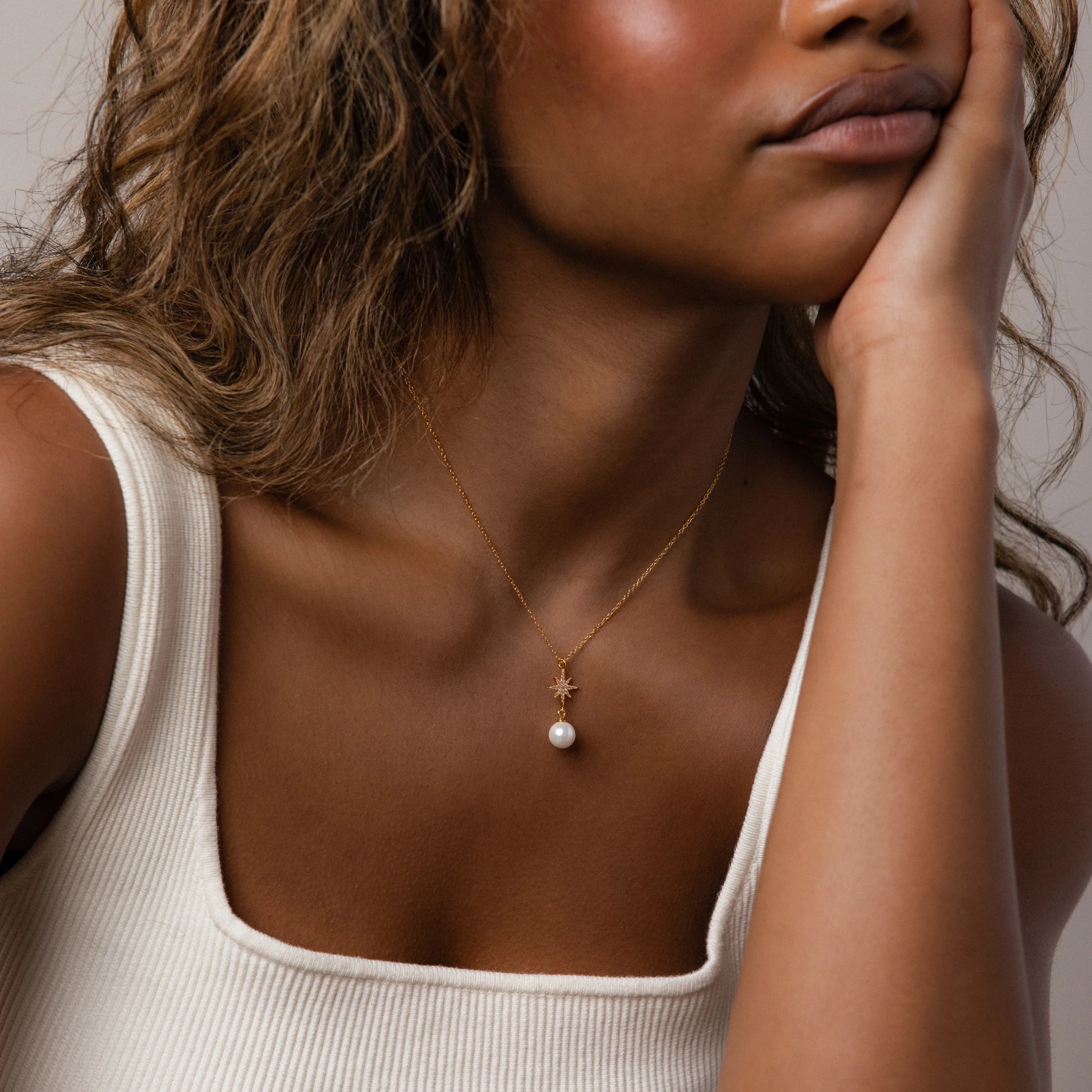 North Star Pearl Necklace Silver 18K Gold Plated