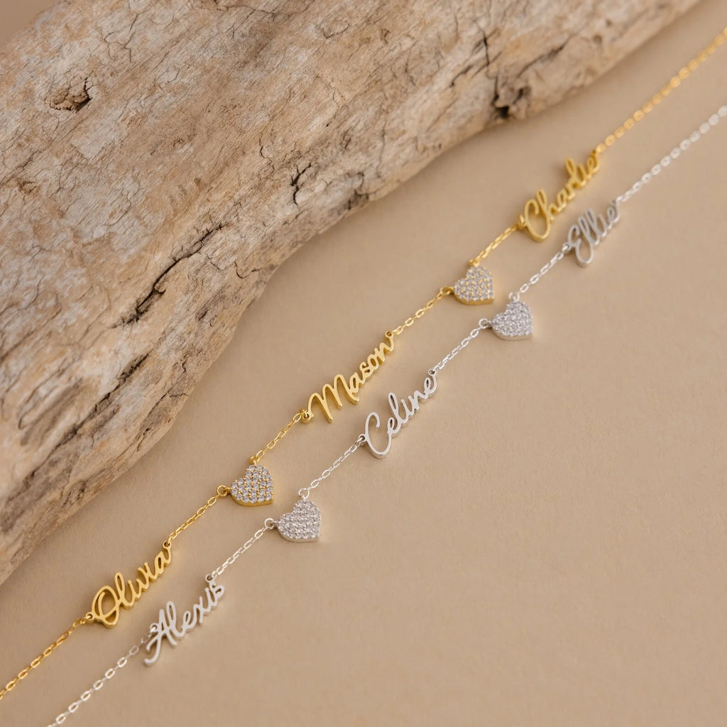 Pavé Heart Name Necklace Silver 18K Gold Plated