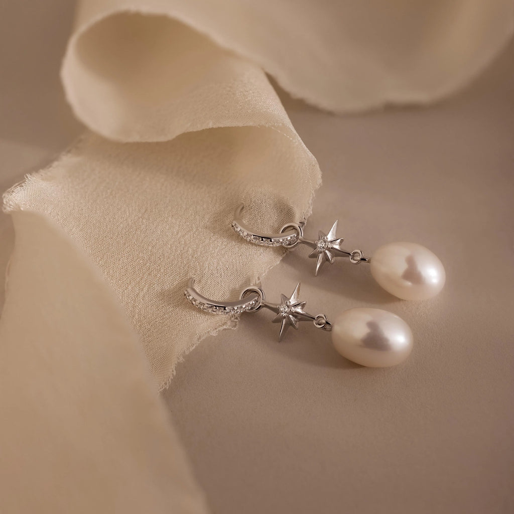 Diamond North Star Pearl Hoops Silver 18K Gold Plated