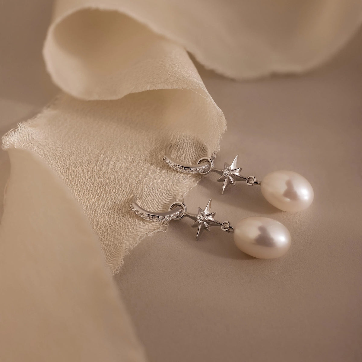 Diamond North Star Pearl Hoops Silver 18K Gold Plated