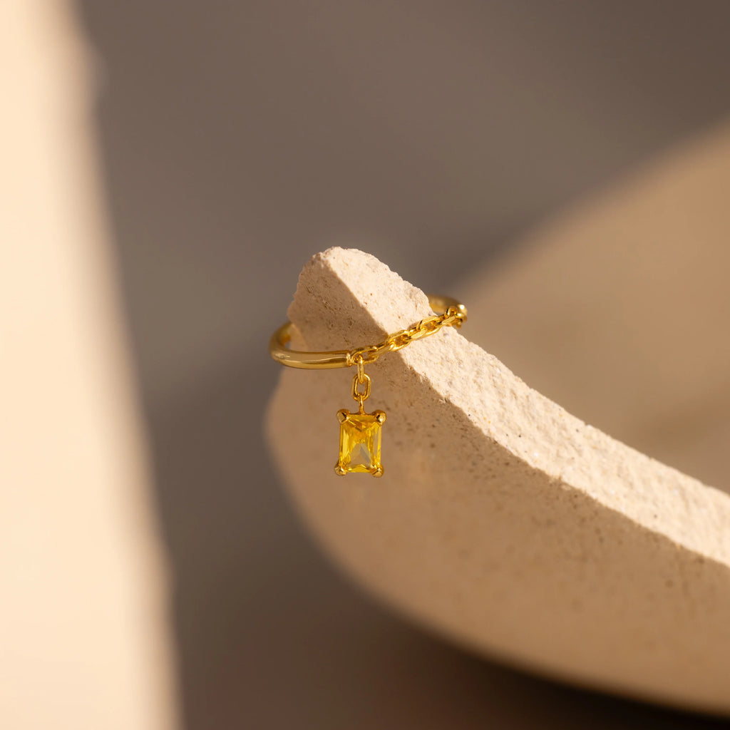 Onyx Drop Chain Ring Silver 18K Gold Plated