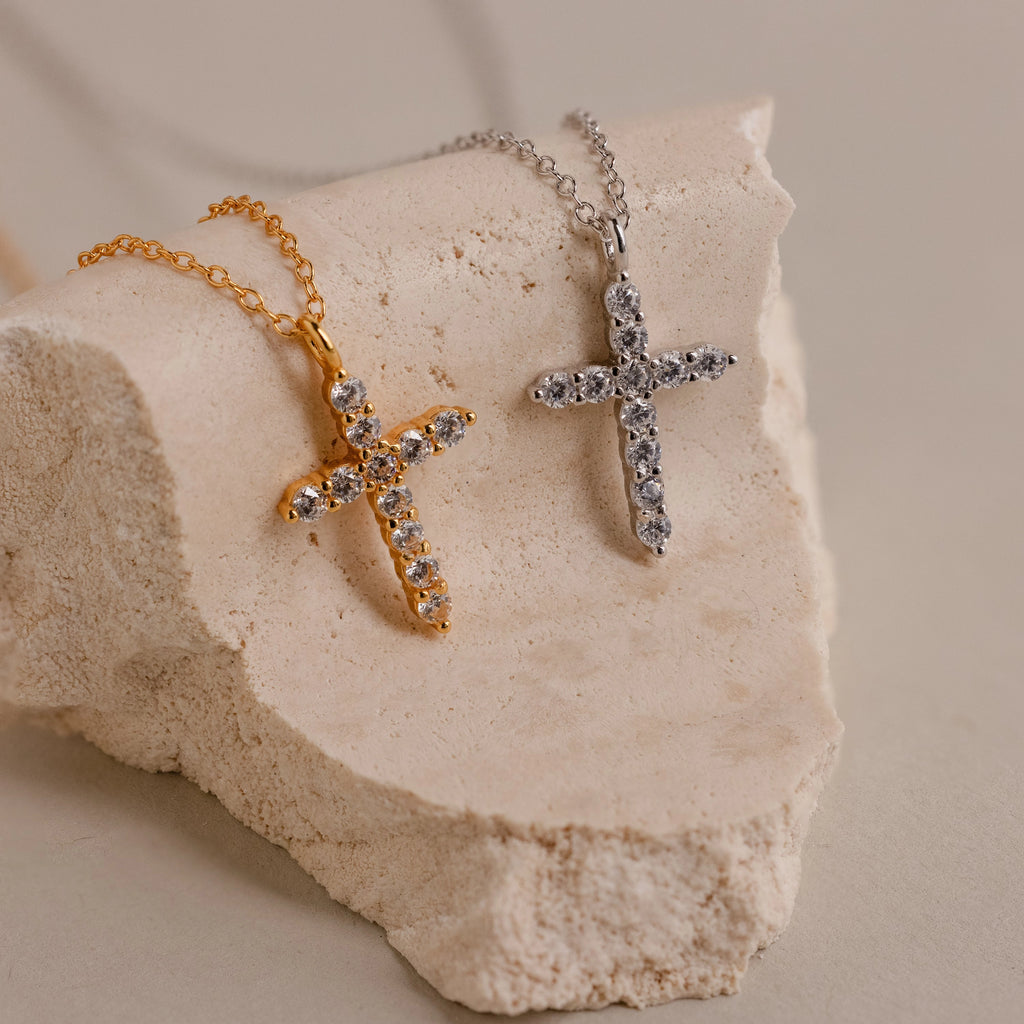 Diamond Pave Cross Necklace Silver 18K Gold Plated