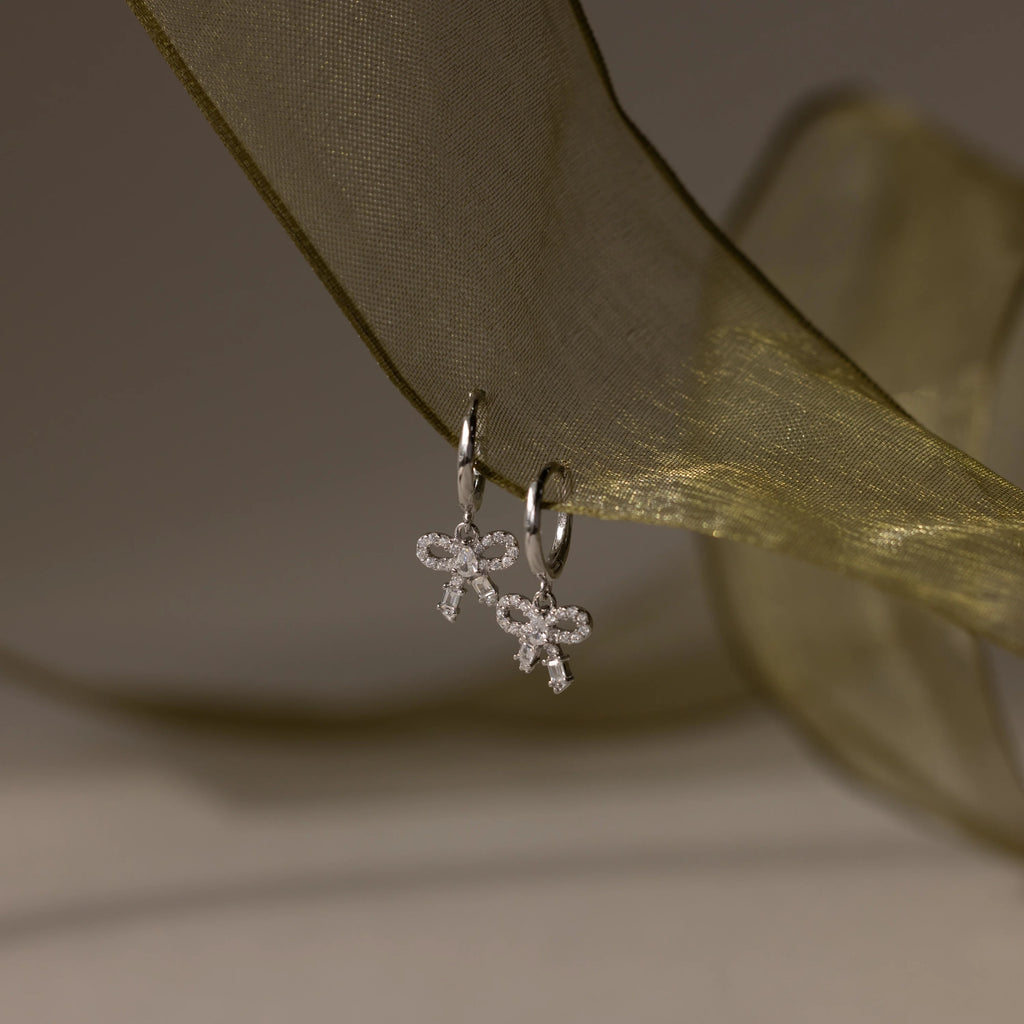 Pave Bow Charm Hoops Silver 18K Gold Plated
