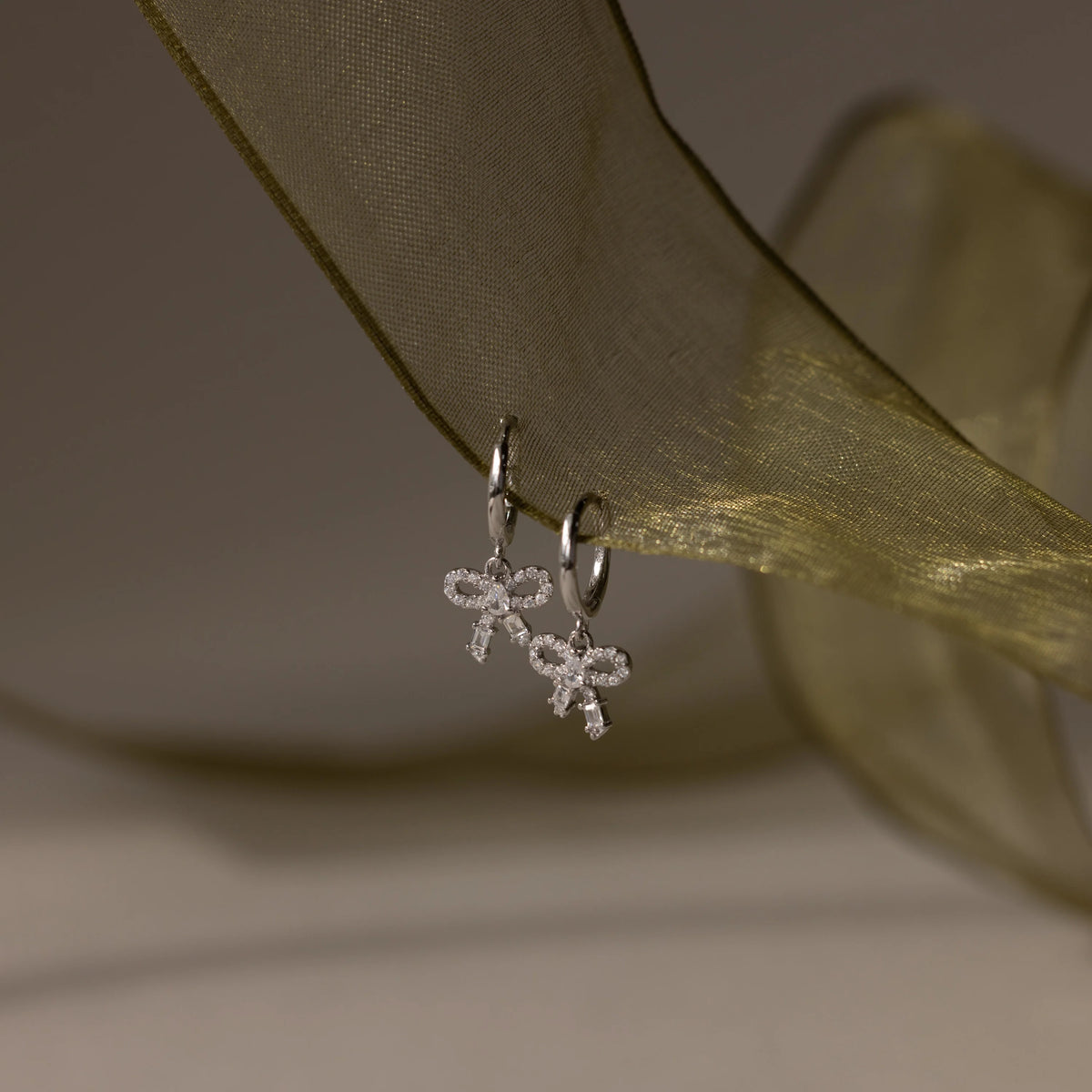 Pave Bow Charm Hoops Silver 18K Gold Plated