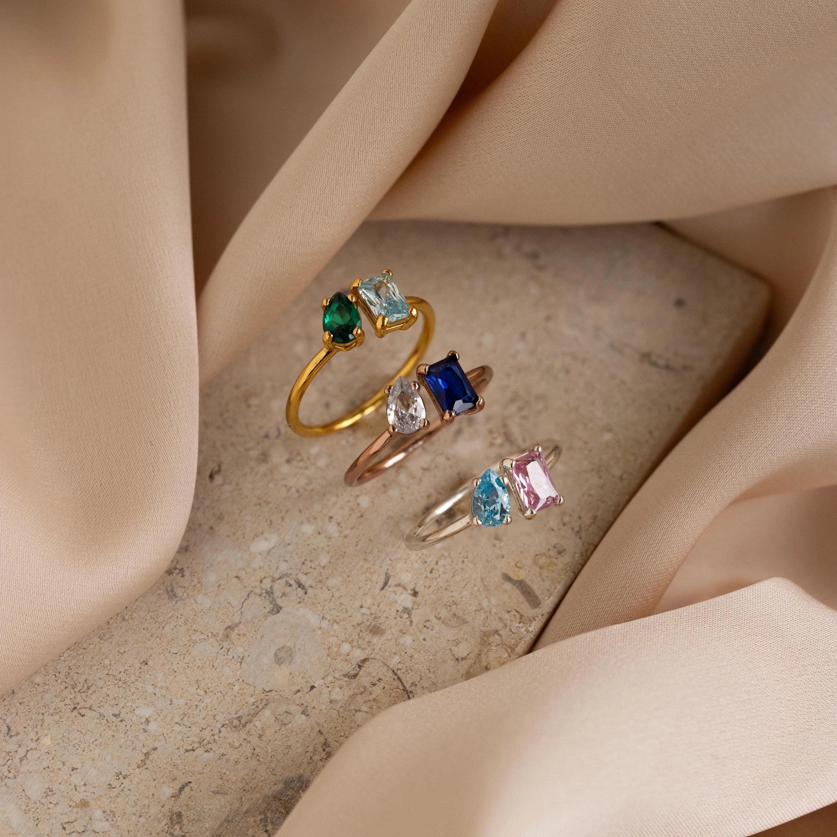 Open Toi et Moi Birthstone Ring Silver 18K Gold Plated