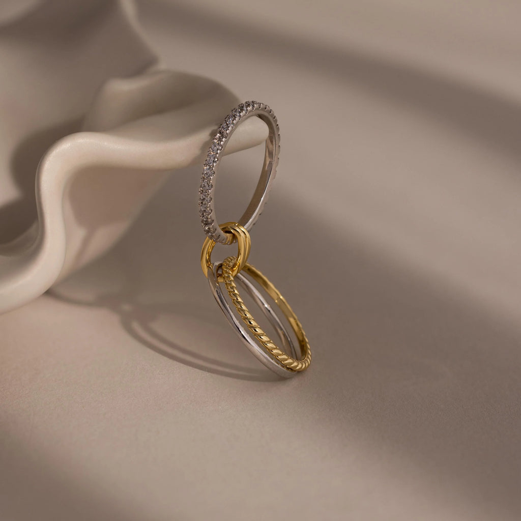 Pave Mixed Metal Linked Ring Set Silver 18K Gold Plated
