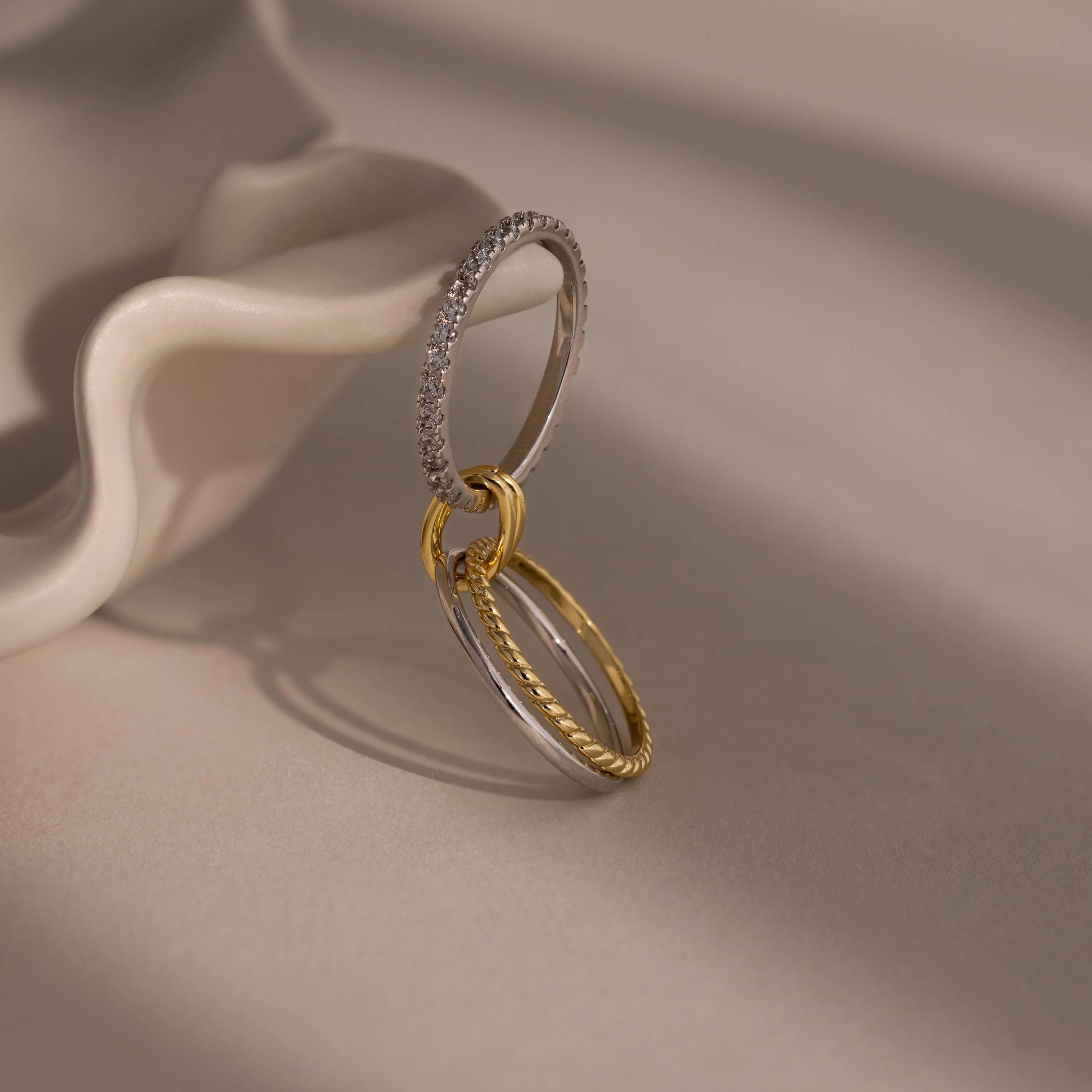 Pave Mixed Metal Linked Ring Set Silver 18K Gold Plated