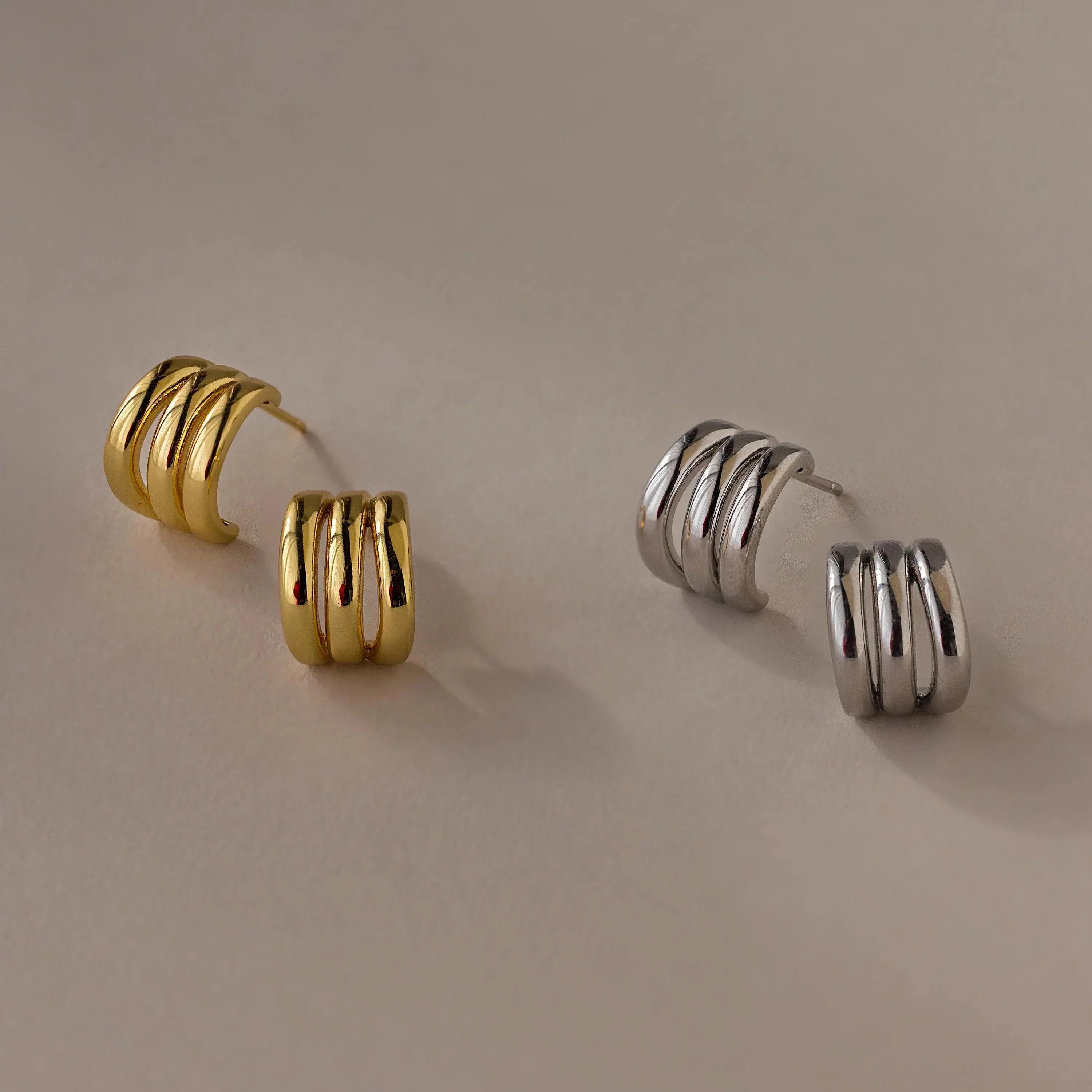 Triple Loop Huggie Earrings Silver 18K Gold Plated