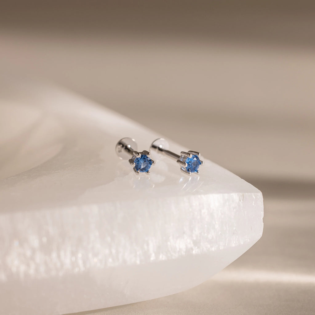 Blue Zircon Flatback Studs Silver 18K Gold Plated
