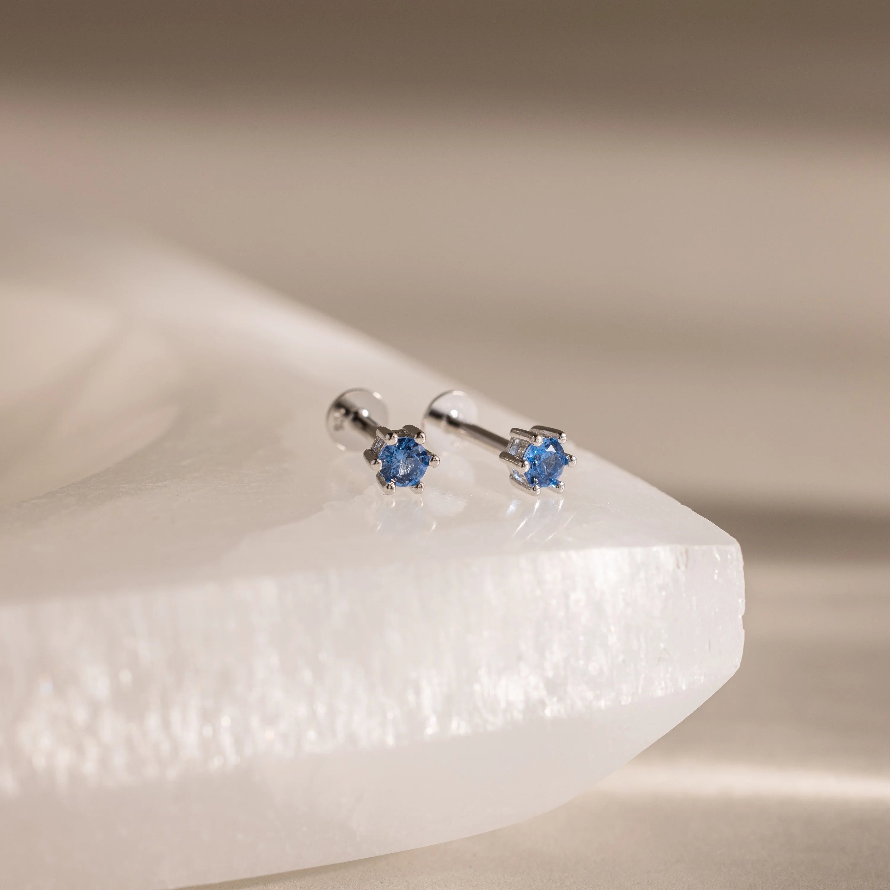 Blue Zircon Flatback Studs Silver 18K Gold Plated