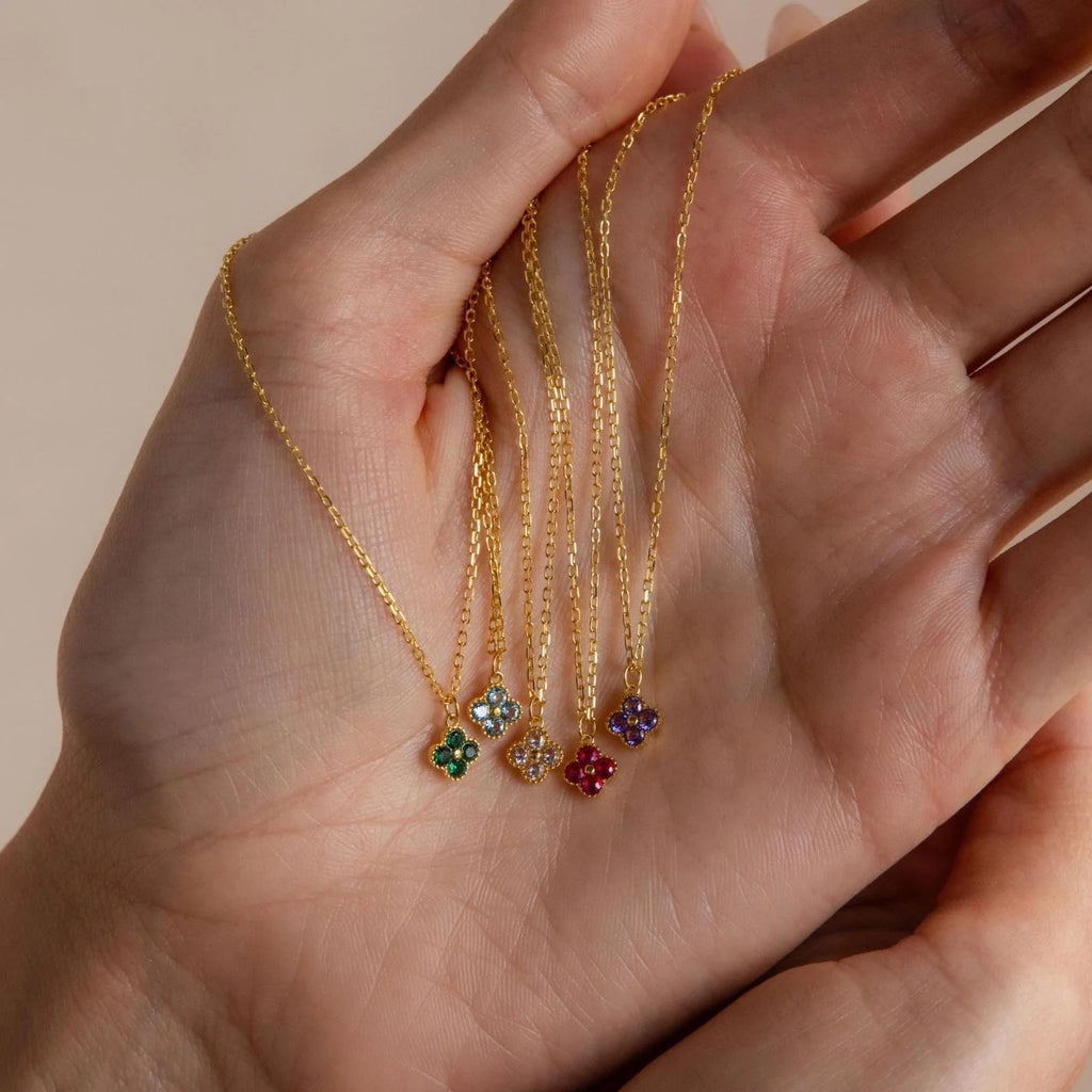 Birthstone Clover Necklace Silver 18K Gold Plated