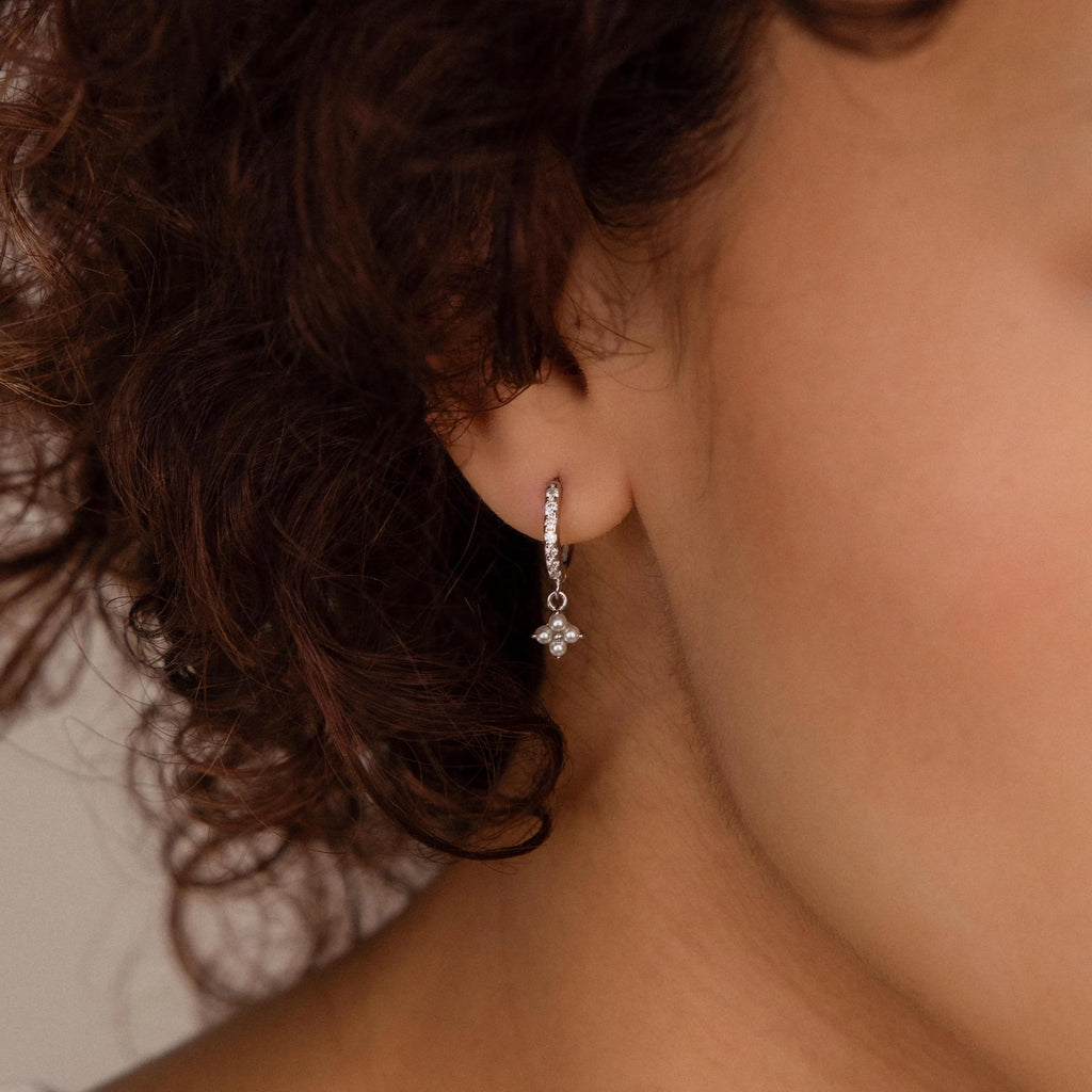 Pearl Ivy Flower Huggies Silver 18K Gold Plated