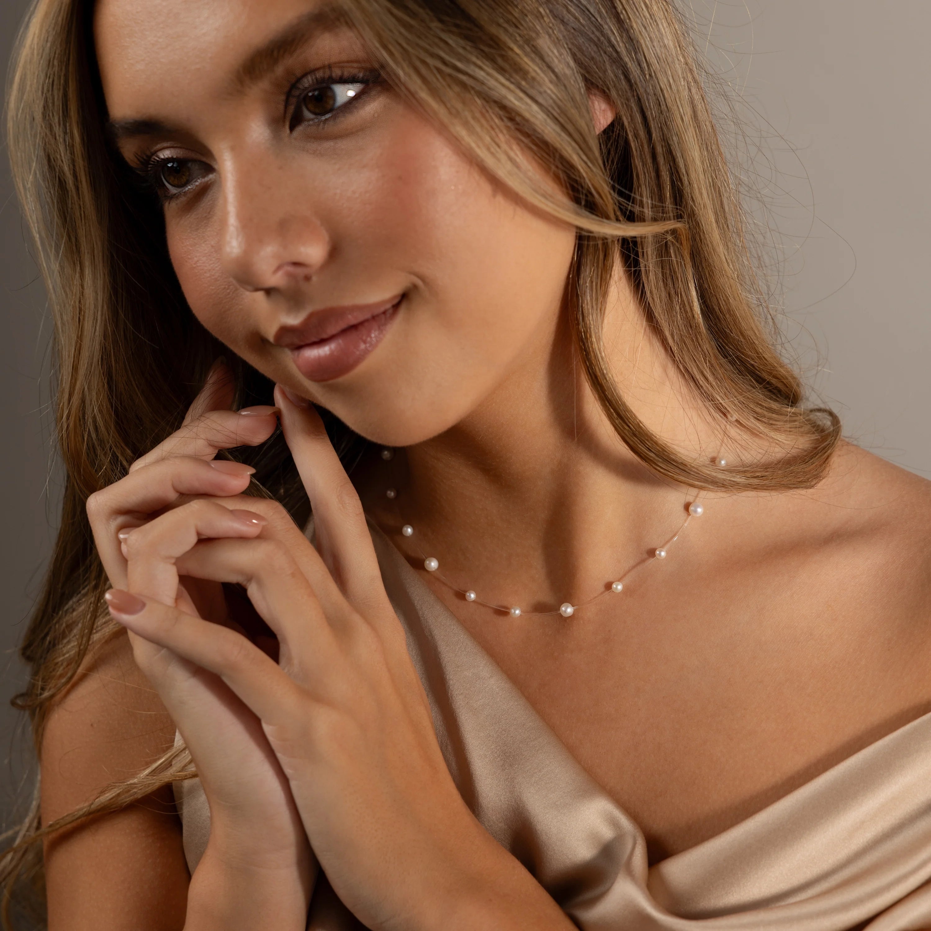 Floating Pearl Necklace Silver 18K Gold Plated