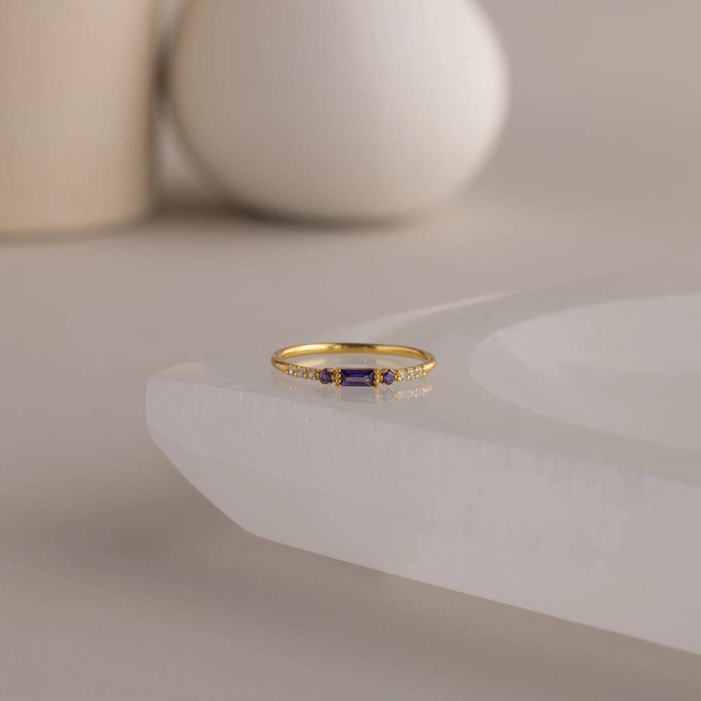 Dainty Baguette Birthstone Ring Silver 18K Gold Plated