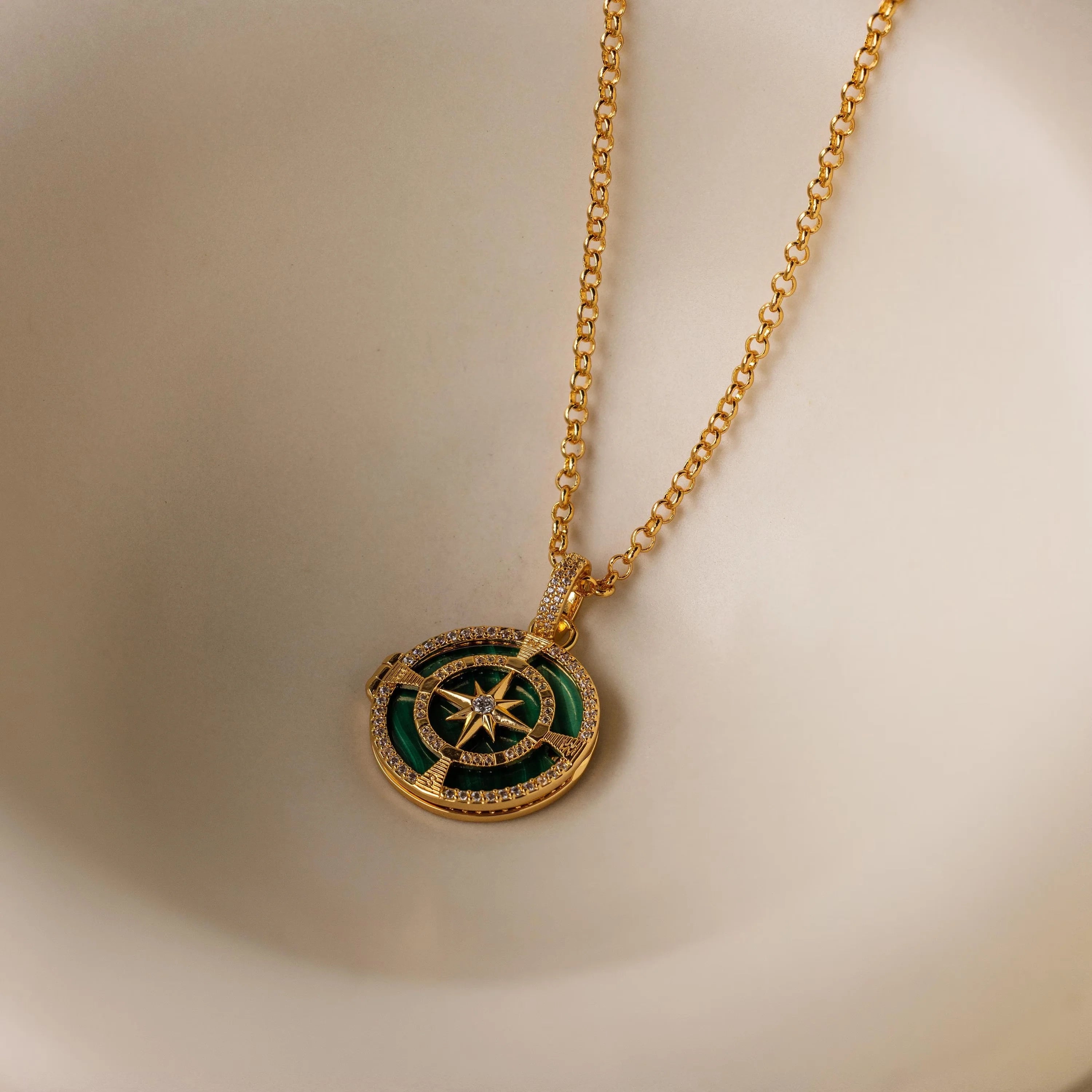 Malachite Compass Locket Necklace Silver 18K Gold Plated