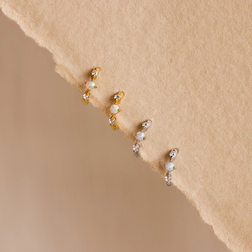 Dainty Opal Diamond Huggies Silver 18K Gold Plated