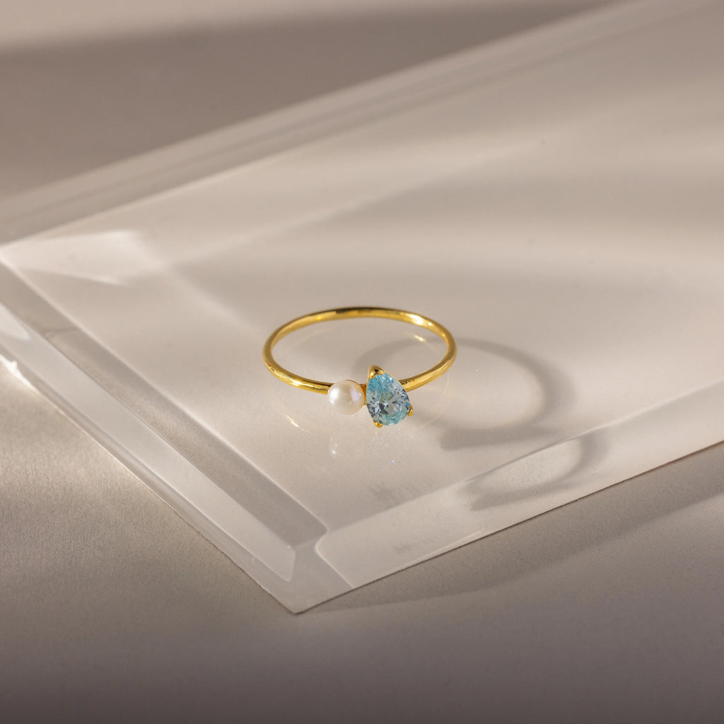 Teardrop Aquamarine & Pearl Ring Silver 18K Gold Plated
