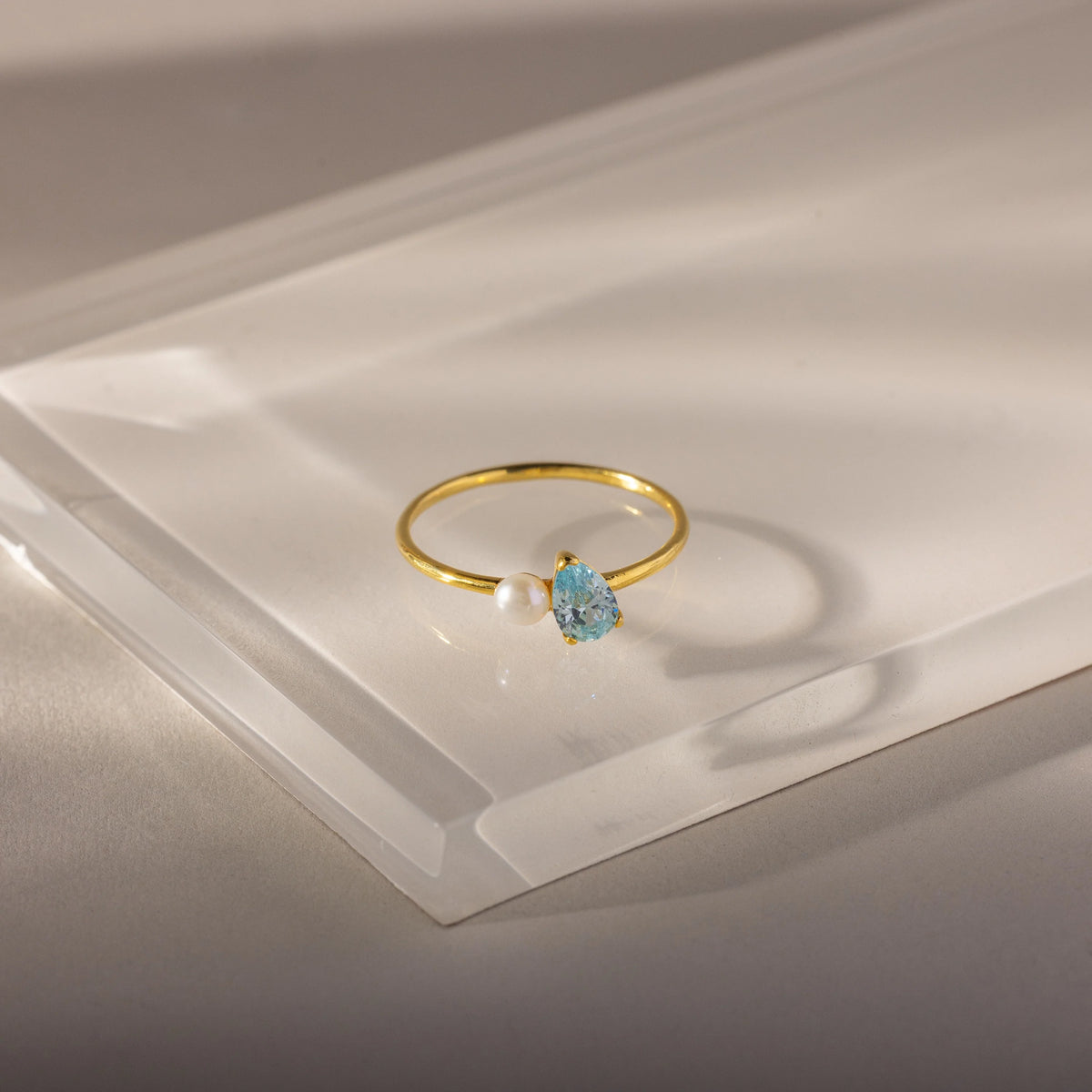 Teardrop Aquamarine & Pearl Ring Silver 18K Gold Plated
