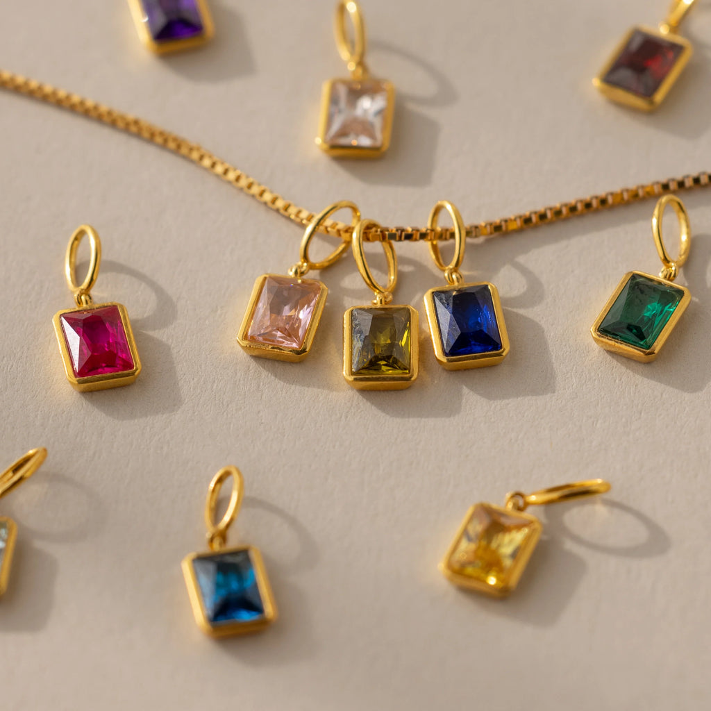 Emerald Cut Sapphire Charm Silver 18K Gold Plated