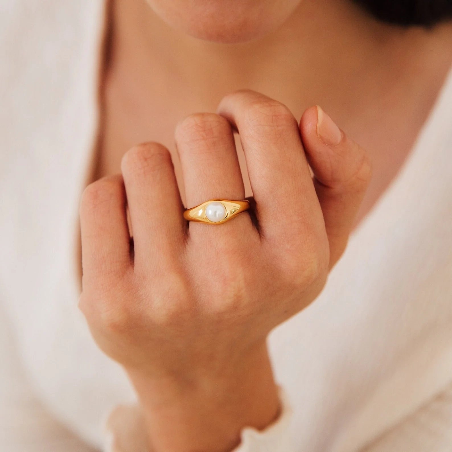 Freshwater Pearl Signet Ring Silver 18K Gold Plated