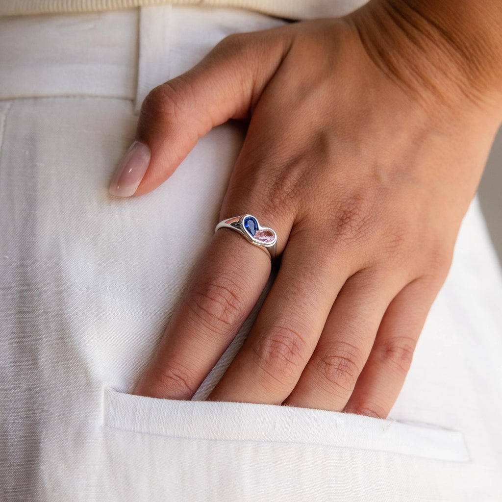 Duo Birthstone Heart Signet Ring Silver 18K Gold Plated