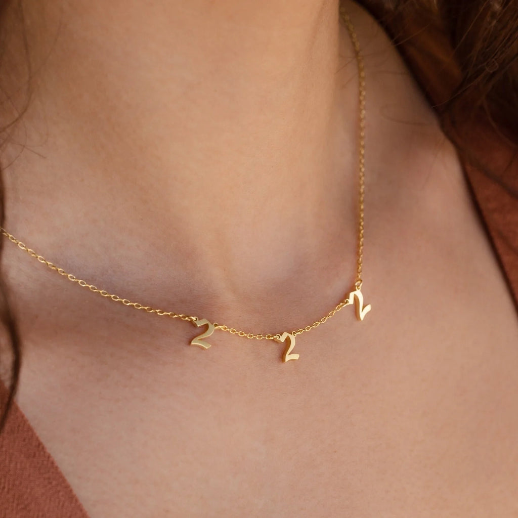 Old English Spaced Number Necklace Silver 18K Gold Plated