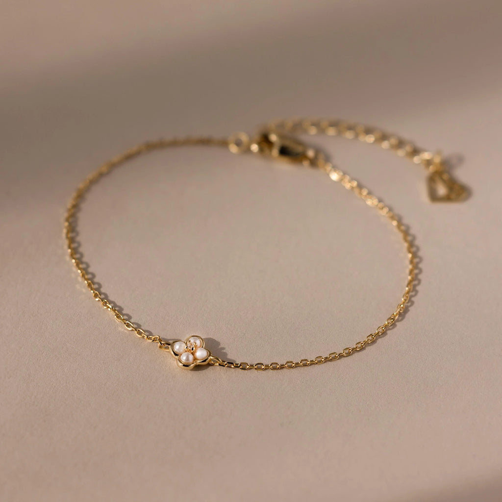 Diamond Pearl Flower Bracelet Silver 18K Gold Plated