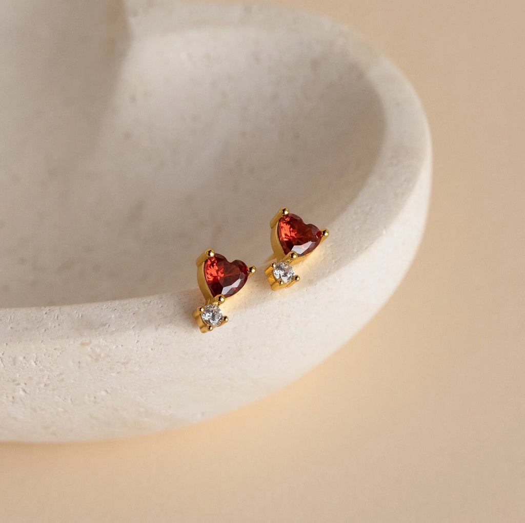 Diamond Garnet Heart Studs Silver 18K Gold Plated