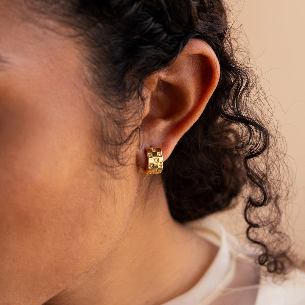 Pave Checkered Huggies Silver 18K Gold Plated