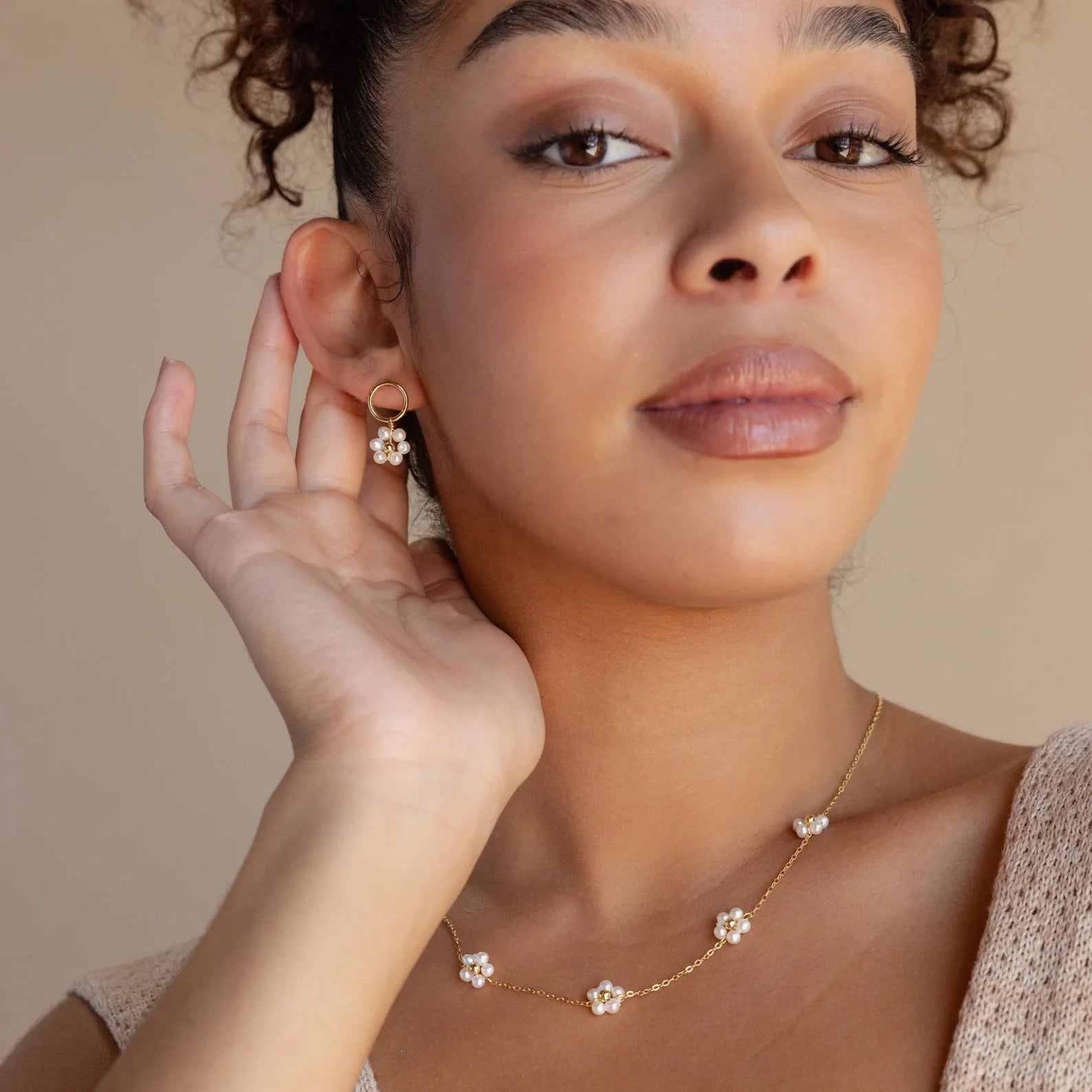 Flower Pearl Drop Earrings  Silver 18K Gold Plated