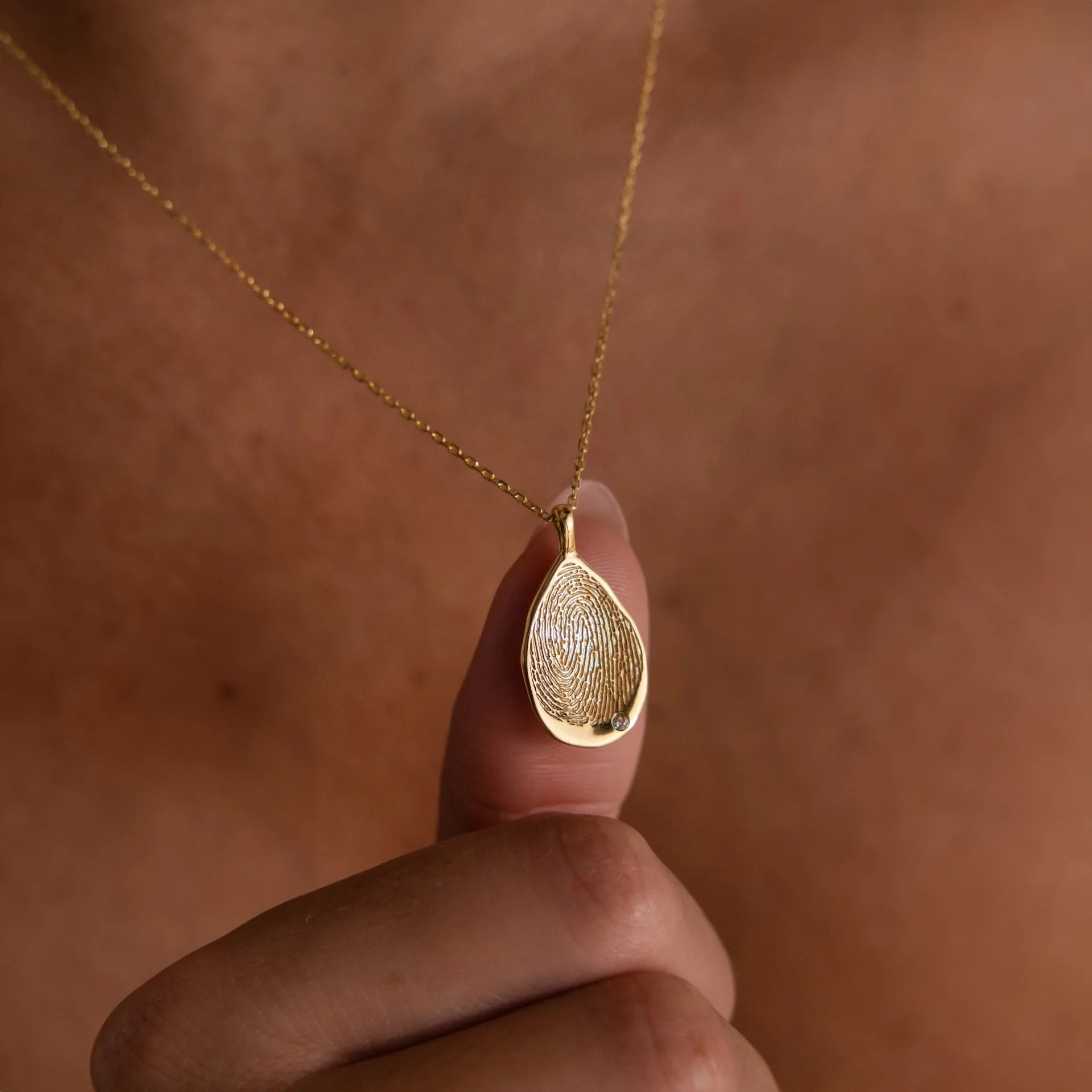 Organic Fingerprint Teardrop Necklace Silver 18K Gold Plated